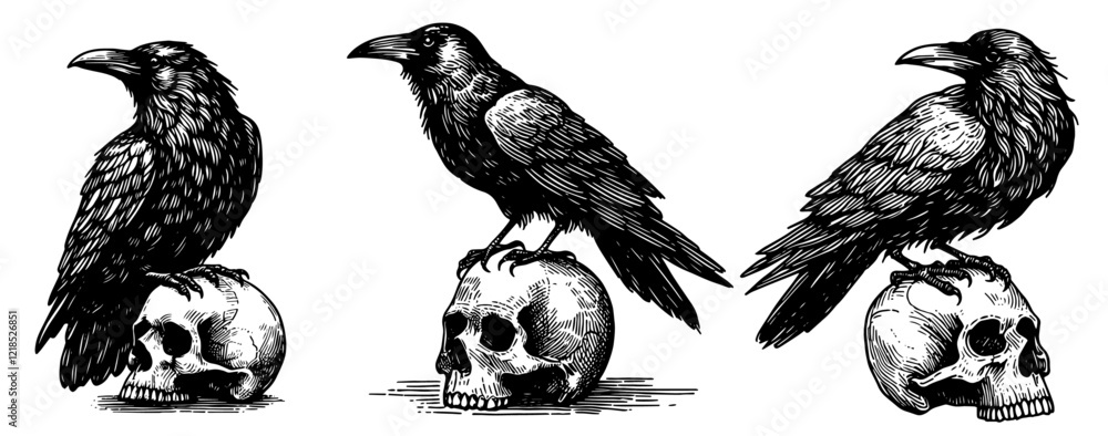 Fototapeta premium ravens sitting on skulls in black sketch outline illustration laser cutting engraving