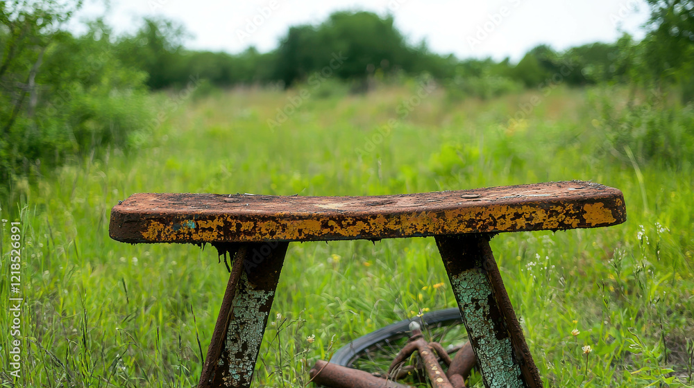 Weathered Broken Seesaw with Chipped Paint in Overgrown Field Surrounded by Greenery Weathered Broken Seesaw with Chipped Paint in Overgrown Field Surrounded by Greenery