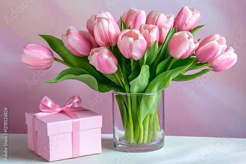 A Romantic Image Featuring Pink Tulips in a Glass Vase - Ideal for Gardening Blogs and Wedding Invitations