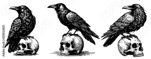 ravens sitting on skulls in black sketch outline illustration laser cutting engraving