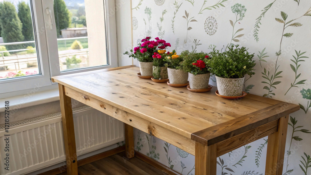 Beautiful pine wood table top with flower pot garden morning, natural, nature, pot, spring, spring flower, on white wall window, wallpaper, background Beautiful pine wood table top with flower pot garden morning, natural, nature, pot, spring, spring flower, on white wall window, wallpaper, background
