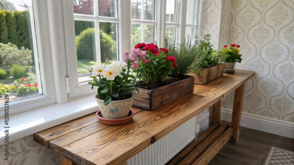 Beautiful pine wood table top with flower pot garden morning, natural, nature, pot, spring, spring flower, on white wall window, wallpaper, background Beautiful pine wood table top with flower pot garden morning, natural, nature, pot, spring, spring flower, on white wall window, wallpaper, background