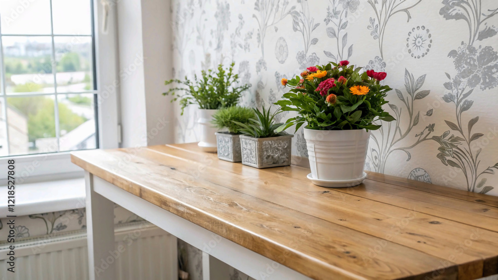 Beautiful pine wood table top with flower pot garden morning, natural, nature, pot, spring, spring flower, on white wall window, wallpaper, background Beautiful pine wood table top with flower pot garden morning, natural, nature, pot, spring, spring flower, on white wall window, wallpaper, background