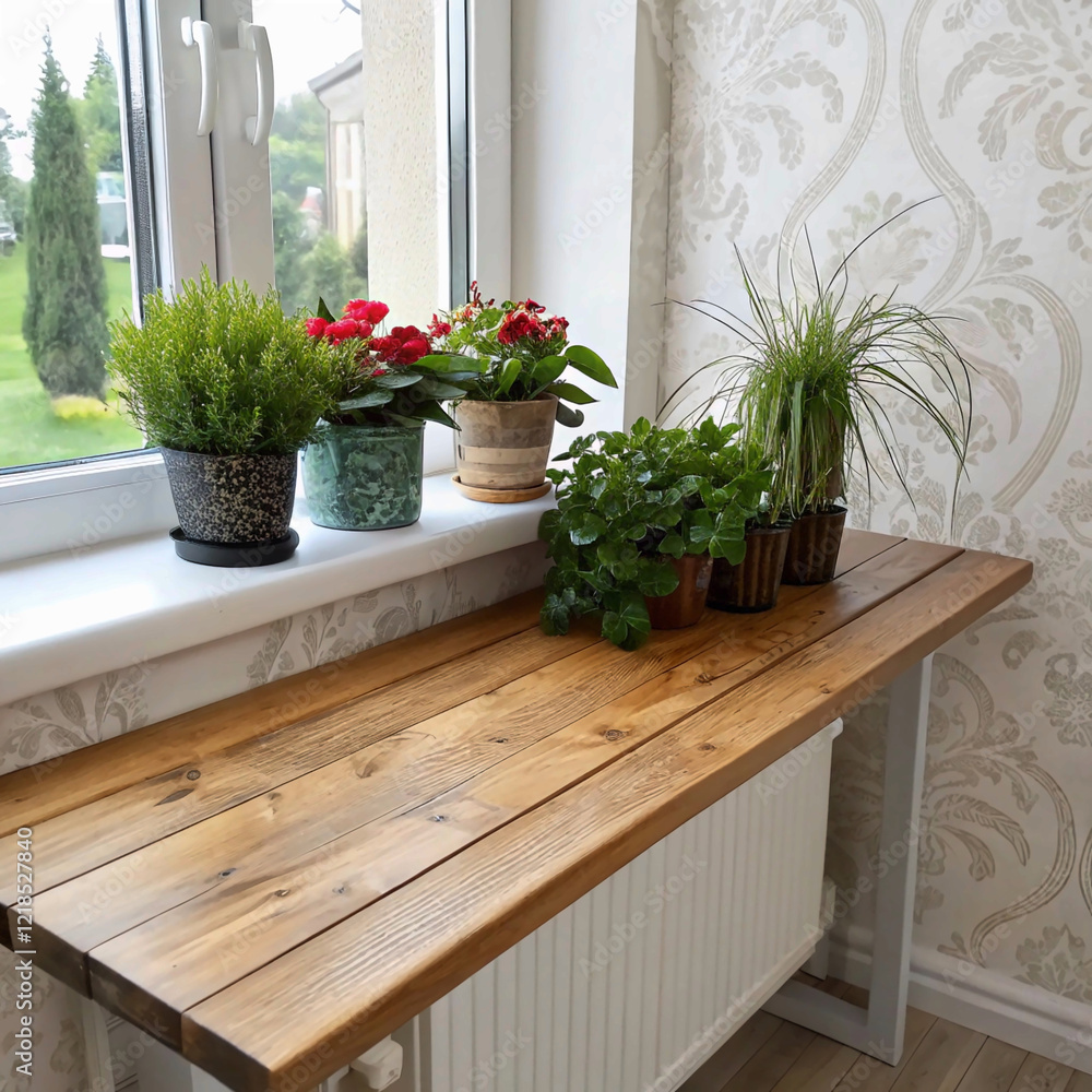 Fototapeta premium Beautiful pine wood table top with flower pot garden morning, natural, nature, pot, spring, spring flower, on white wall window, wallpaper, background