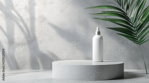 White bottle mockup, minimal studio, palm leaf shadow, product display, cosmetic advertising