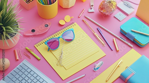 Colorful, vibrant desk workspace with stationery, accessories, and a laptop