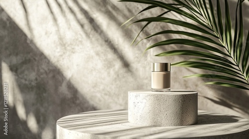 Beige cosmetic product on a light gray pedestal, sunlight and palm leaf, studio shot