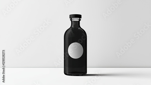 Black glass bottle mockup, minimalist studio, blank label, white background, packaging design