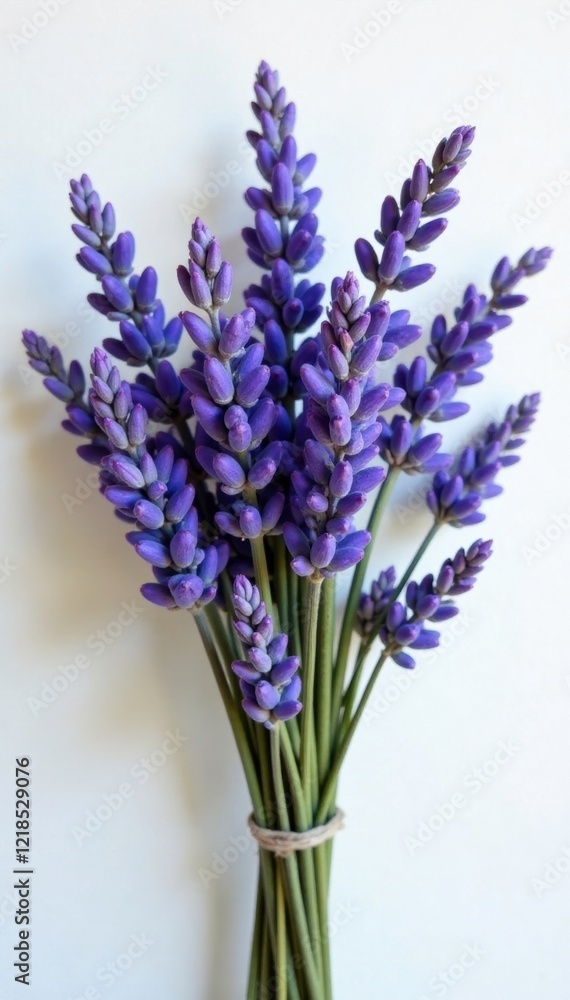 Naklejka premium A bundle of branches adorned with dried lavender purple blue flowers, arrangement, botanical