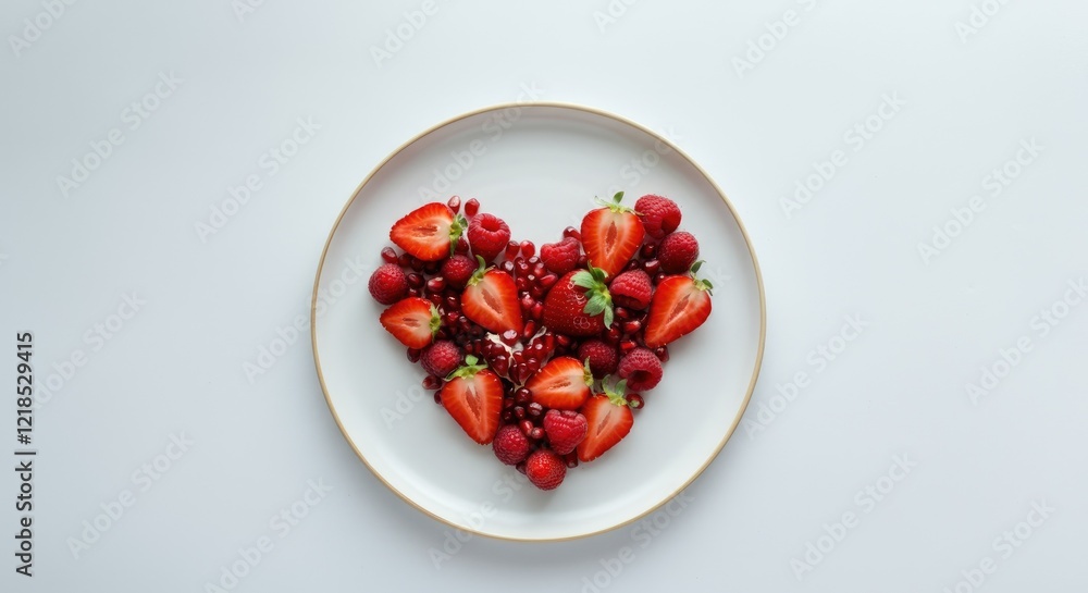 Heart-shaped arrangement of fresh berries on white plate Heart-shaped arrangement of fresh berries on white plate