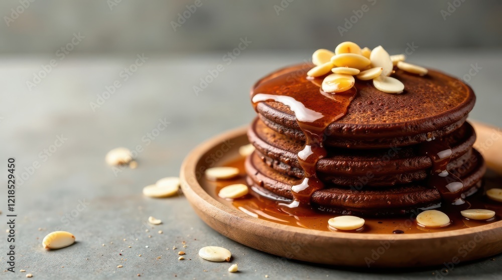 Delicious Chocolate Pancakes Drizzled with Sweet Syrup and Topped with Creamy Almond Pieces on a Rustic Wooden Plate Delicious Chocolate Pancakes Drizzled with Sweet Syrup and Topped with Creamy Almond Pieces on a Rustic Wooden Plate