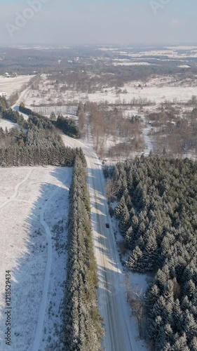 Vertical flyover drone shot of snowy sideroad and forest in Caledon, Ontario, Canada photo