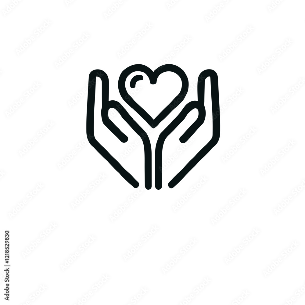 Minimalistic black-and-white line art icon of hands holding a heart in a clean and professional vector style Minimalistic black-and-white line art icon of hands holding a heart in a clean and professional vector style