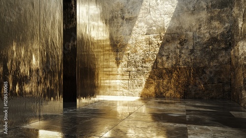 Golden architectural interior, sunlit stone walls, reflective floor, modern design, product display