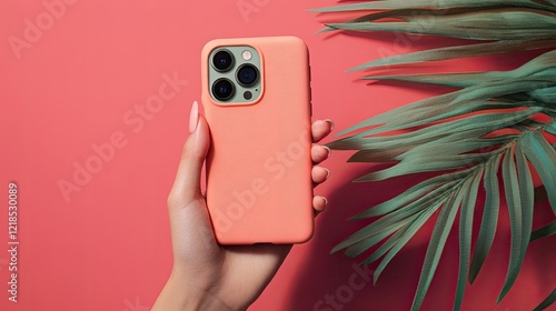 Coral phone case held against pink background, palm leaf shadows, social media marketing