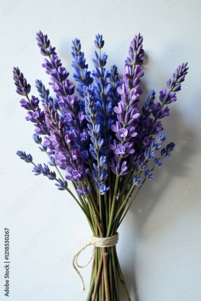 Naklejka premium A bundle of branches adorned with dried lavender purple blue flowers, blue, flower bouquet, rustic