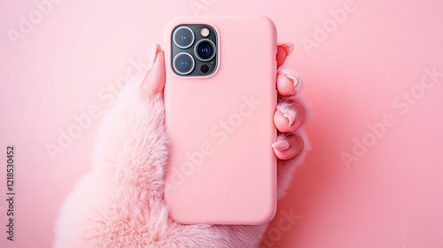 Pink Smartphone held by hand wearing fur-like gloves on pink background