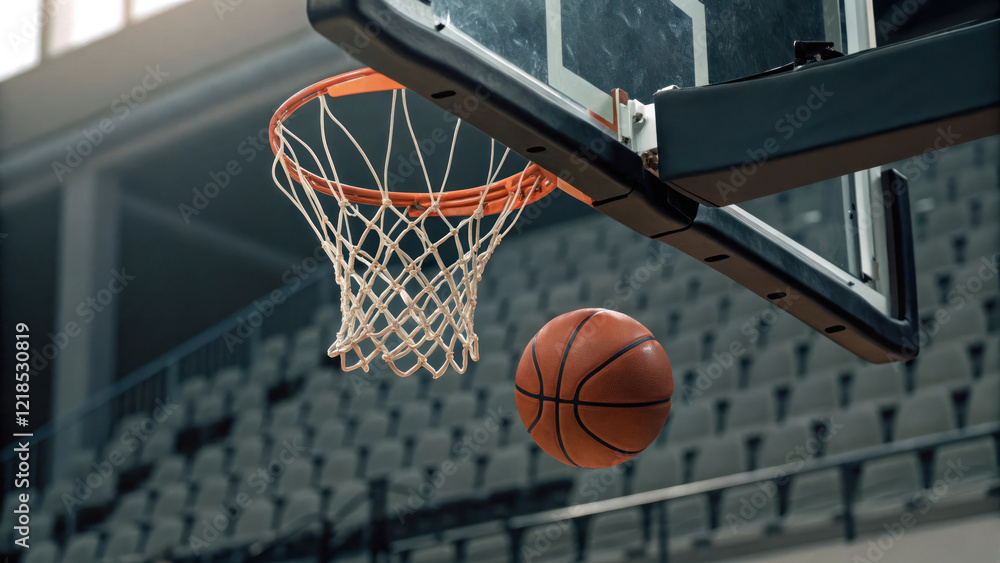 basketball swishing through hoop in indoor arena, showcasing excitement and skill basketball swishing through hoop in indoor arena, showcasing excitement and skill