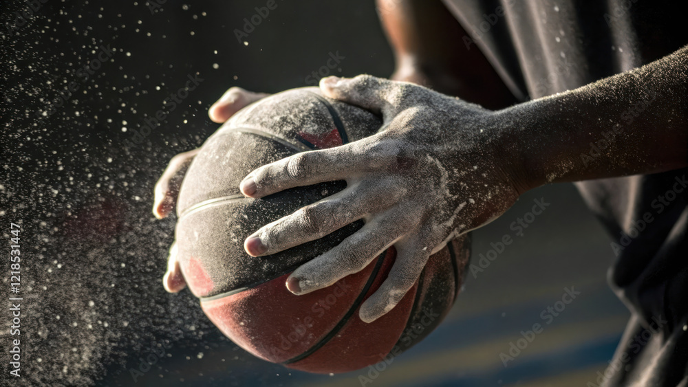 of chalk covered fingers gripping basketball, showcasing focus and intensity of chalk covered fingers gripping basketball, showcasing focus and intensity