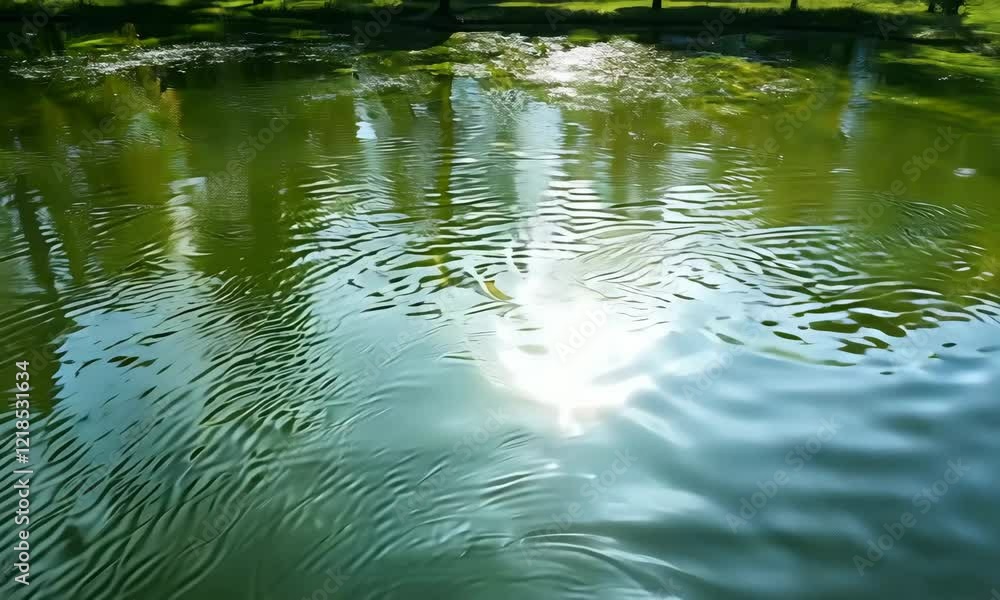 Rippling water surface reflecting sunlight, serene pond amidst nature, suitable for meditation visuals, eco-friendly campaigns, and travel promotions Rippling water surface reflecting sunlight, serene pond amidst nature, suitable for meditation visuals, eco-friendly campaigns, and travel promotions
