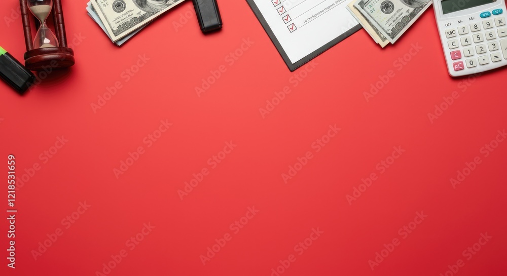 Financial planning tools including cash, calculator, checklist on red background Financial planning tools including cash, calculator, checklist on red background