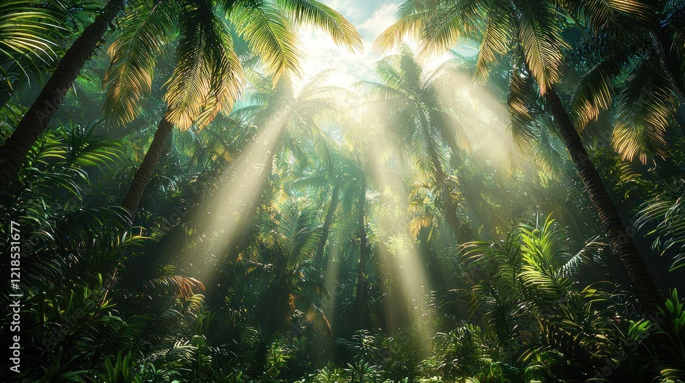 Obraz premium Sun rays in jungle. Dense foliage. Warm lighting for travel or nature scenes