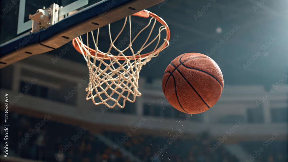 basketball spinning in mid air above hoop, showcasing dynamic motion and excitement basketball spinning in mid air above hoop, showcasing dynamic motion and excitement