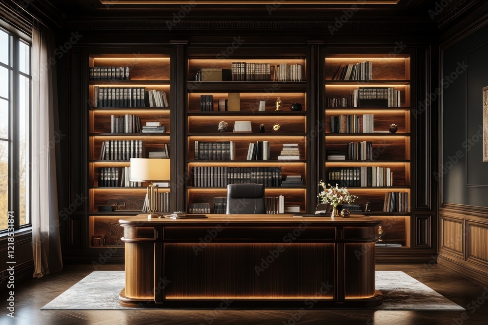Fototapeta premium Luxurious home office, dark wood, bookshelves, desk, ambient lighting, peaceful background, ideal for business, success