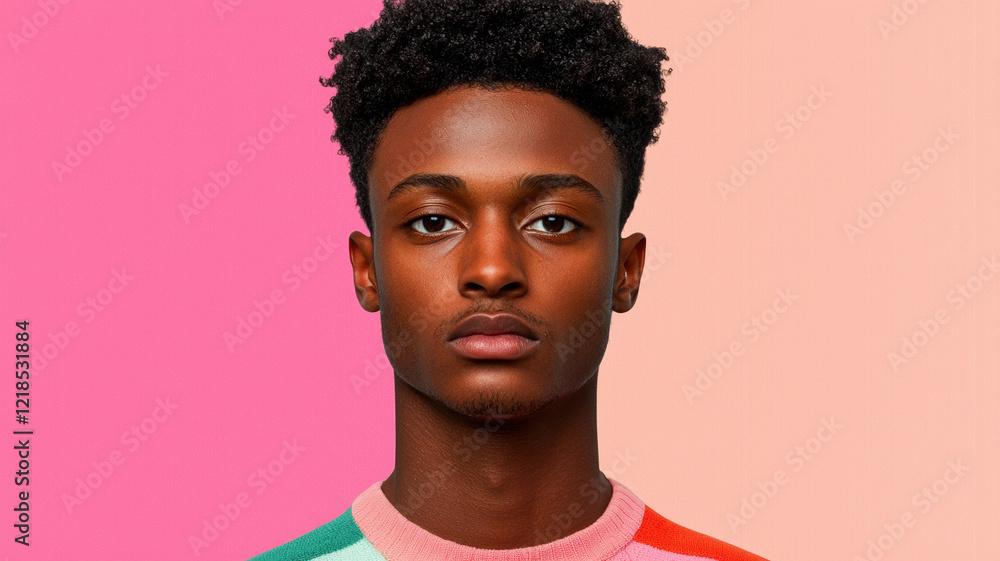 Obraz premium male model with curly hair wearing colorful striped sweater