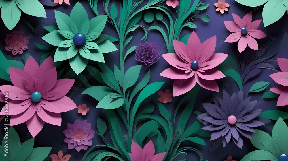 3D Paper Flowers Pattern on Dark Background 3D Paper Flowers Pattern on Dark Background
