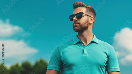 Stylish man in sunglasses wearing turquoise polo shirt outdoors
