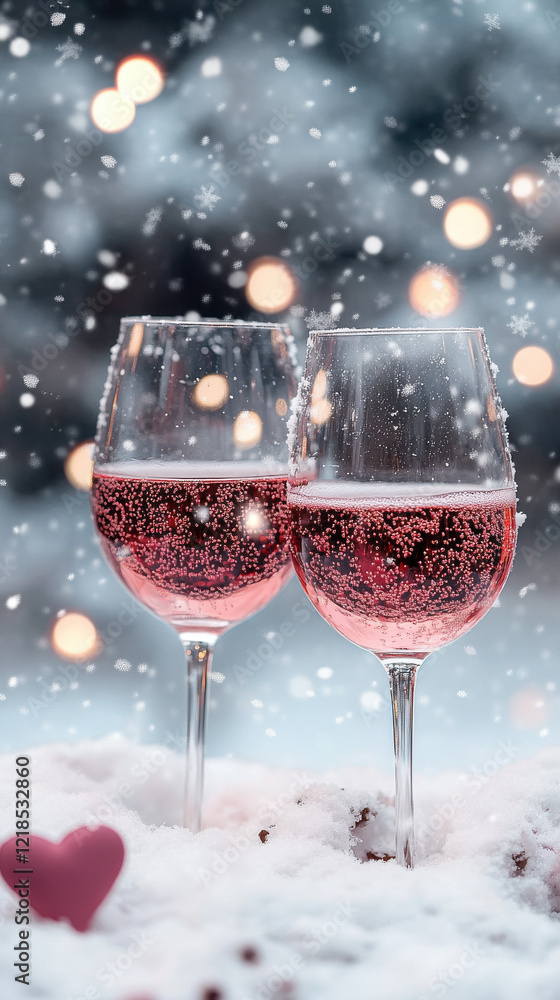 Toast with red wine glasses and falling snowflakes in the background Toast with red wine glasses and falling snowflakes in the background