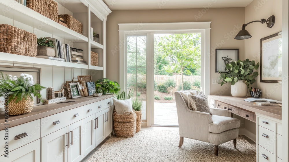 Bright home office with built-in shelves, desk, and French doors leading to a garden. Bright home office with built-in shelves, desk, and French doors leading to a garden.