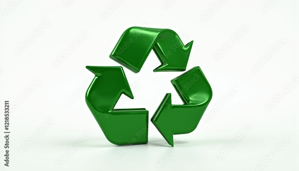 Fototapeta premium Glossy green recycling symbol on a white background.