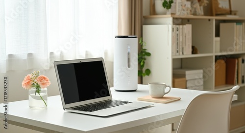 Wallpaper Mural Minimalist home office with laptop, cup, and plants on desk Torontodigital.ca