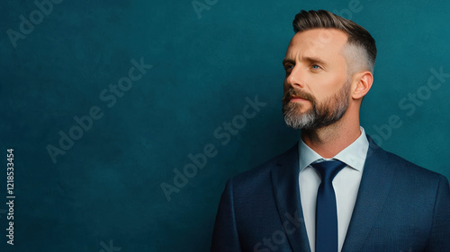 Professional man in suit with beard, looking confidently to side