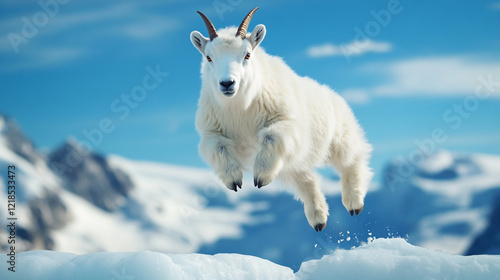 Close-Up Action Shot of Mountain Goat Leaping - Ideal for Wildlife Enthusiasts and Outdoor Adventure Blogs photo