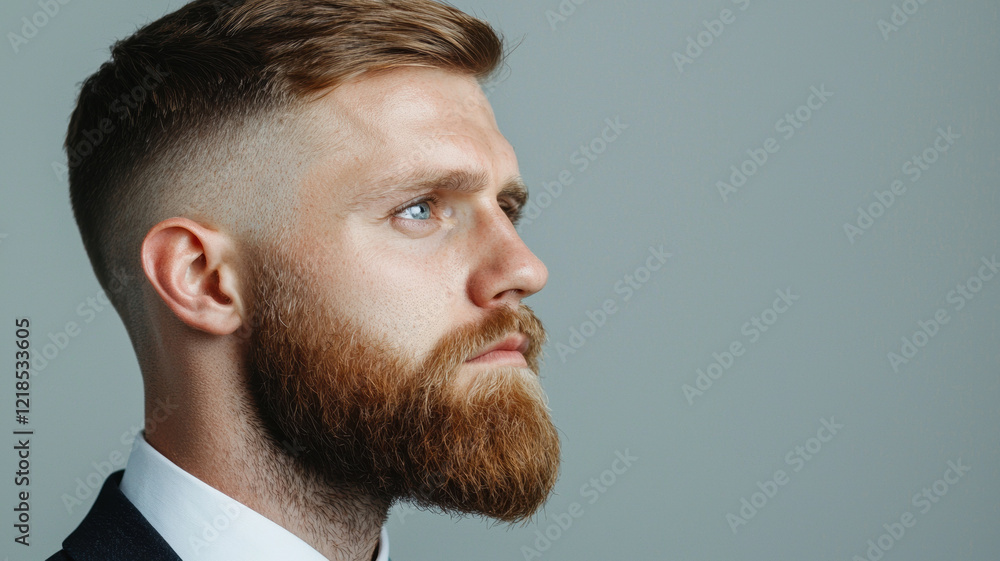 Fototapeta premium man with short Caesar cut and beard, wearing suit, looks thoughtful