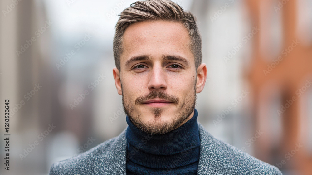 stylish man with disconnected undercut and slicked back hair, wearing turtleneck stylish man with disconnected undercut and slicked back hair, wearing turtleneck
