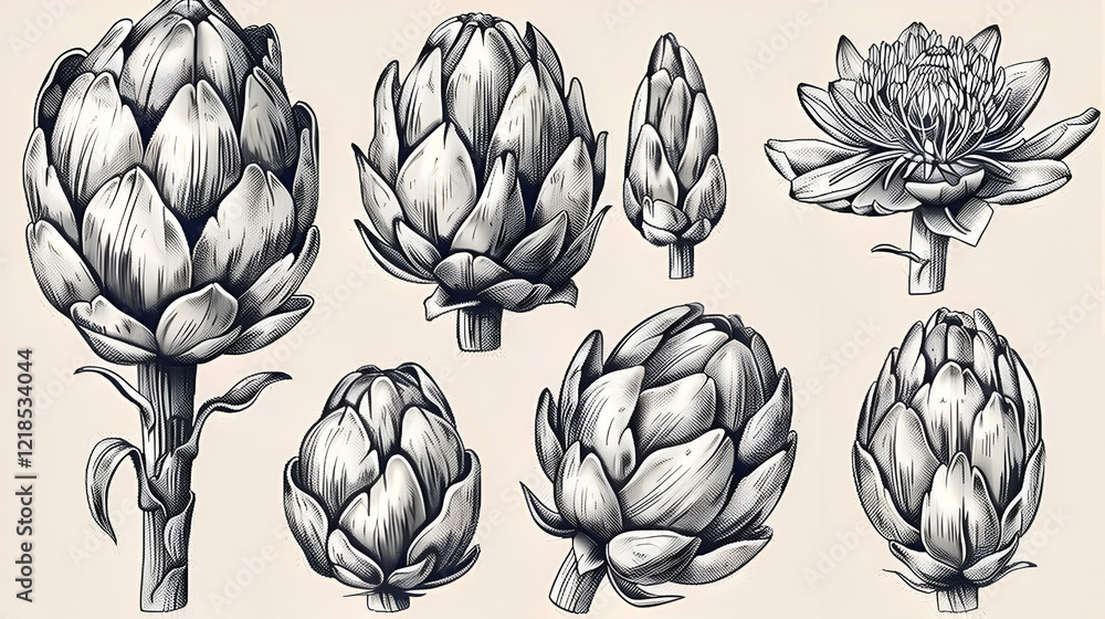 Naklejka premium Artichokes hand drawn vector set