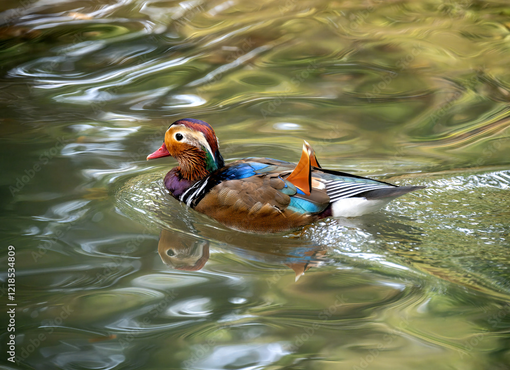 Closeup of a Mandarin duck swimming in the water