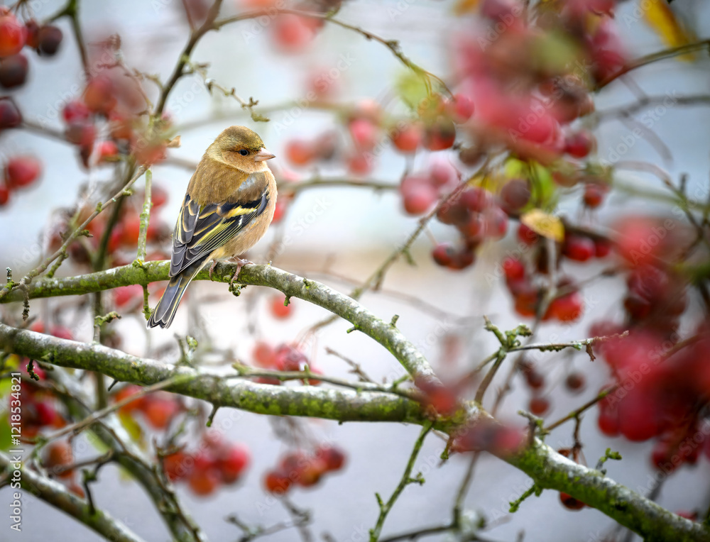 Male chaffinch bird sitting on an apple tree