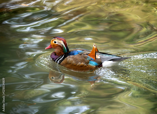 Obraz na płótnie Closeup of a Mandarin duck swimming in the water w salonie
