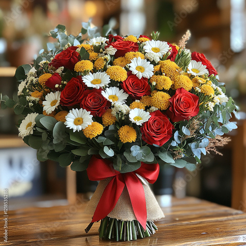 A vibrant bouquet featuring a variety of flowers, including red roses, white daisies, and yellow chrysanthemums, accented by lush green foliage. The arrangement is wrapped in natural beige burlap fabr photo