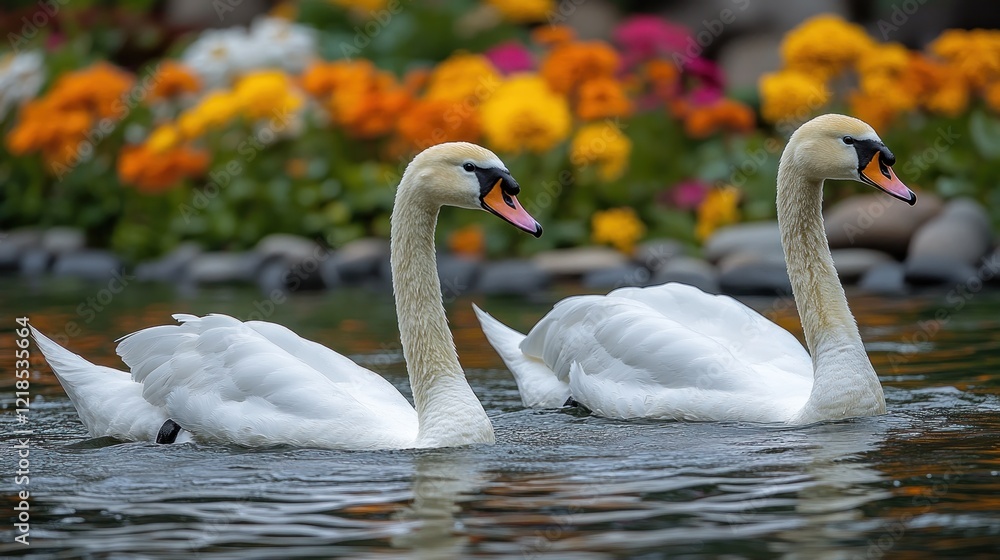 Obraz premium Swans swimming garden pond, floral background, serene nature scene