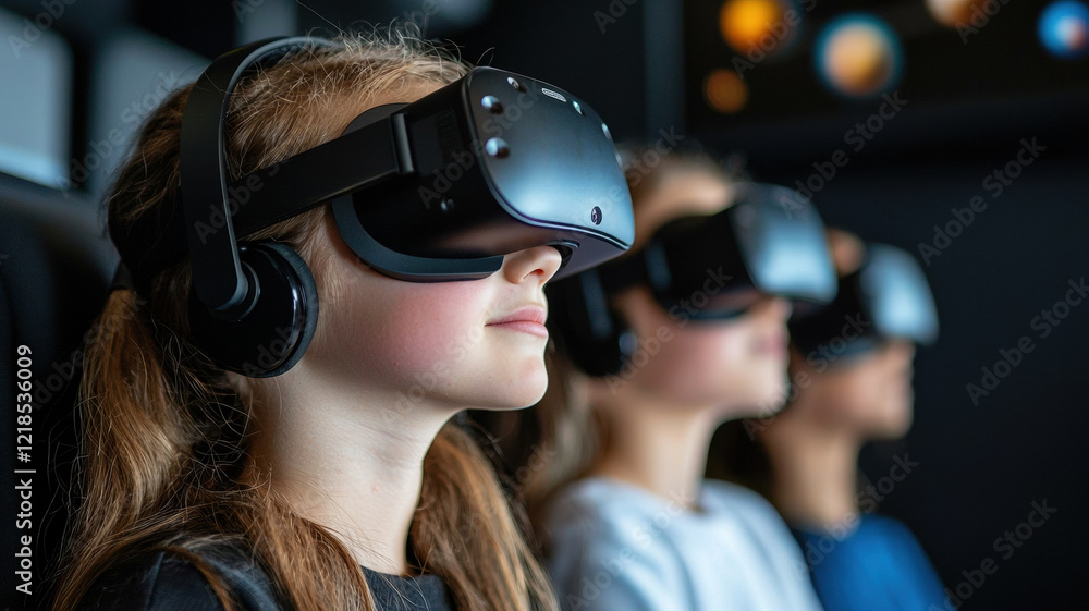 Students wearing virtual reality headsets, immersed in technology Students wearing virtual reality headsets, immersed in technology
