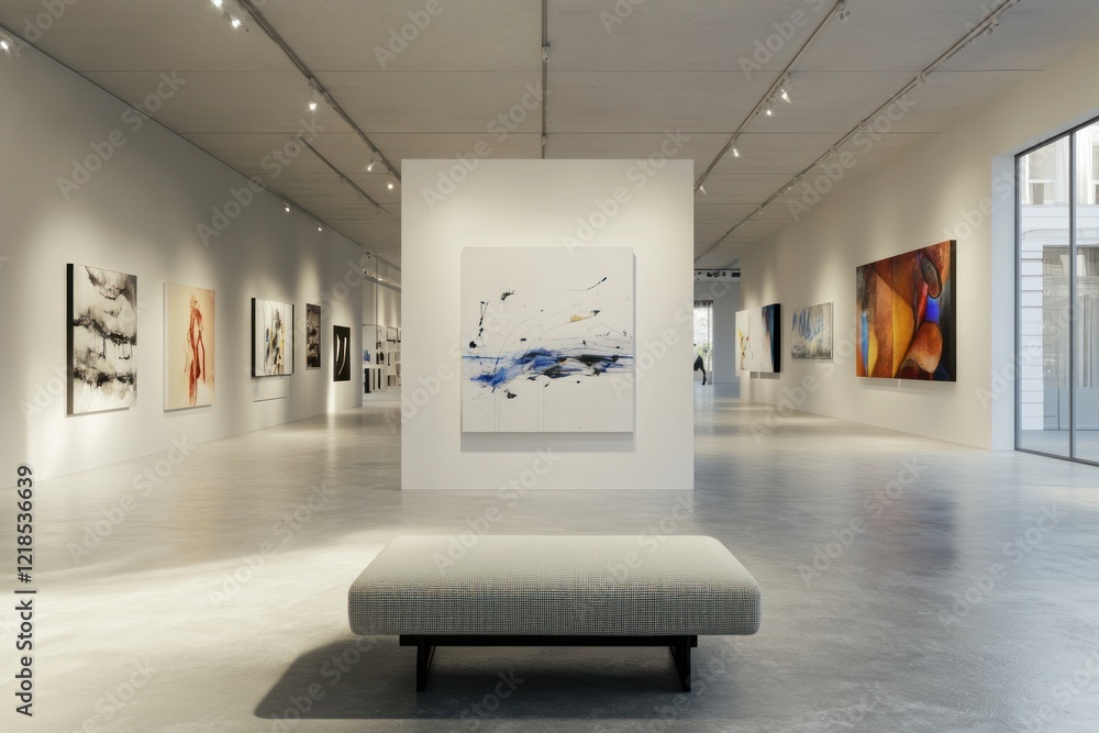 Modern art gallery interior, paintings displayed, quiet, spacious, polished floor, potential use interior design Modern art gallery interior, paintings displayed, quiet, spacious, polished floor, potential use interior design