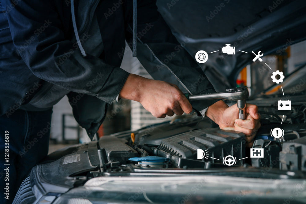 Mechanic using wrench to fix car engine, with virtual automotive icons representing various diagnostics and maintenance services displayed around the image Mechanic using wrench to fix car engine, with virtual automotive icons representing various diagnostics and maintenance services displayed around the image