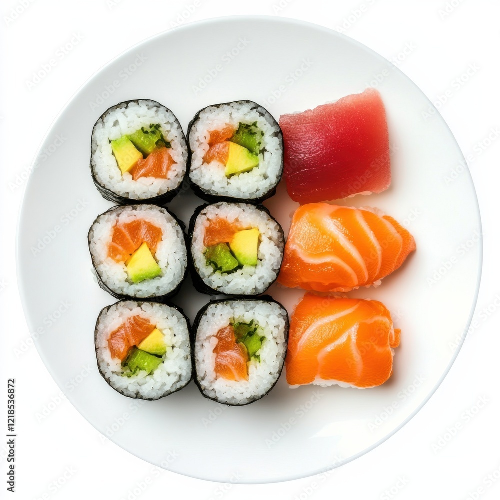 A colorful plate of sushi rolls with tuna, salmon, and avocado A colorful plate of sushi rolls with tuna, salmon, and avocado