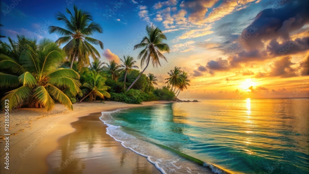Warm golden sand beach at sunset with palm trees and turquoise water, tropical, island life, tropical Warm golden sand beach at sunset with palm trees and turquoise water, tropical, island life, tropical